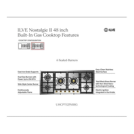 ILVE UHCPT125NSSCLP Nostalgie II 48 inch Built-In Gas Cooktop with Total Black Brass Burners, in Stainless Steel (6 Sealed Burners, Liquid Propane, Chrome)