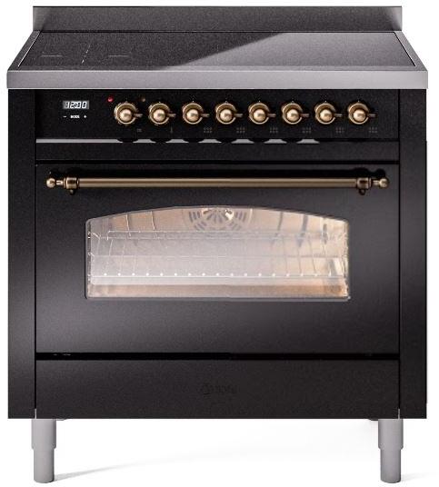 Nostalgie II 36 Inch Electric Freestanding Range in Glossy Black with Bronze Trim