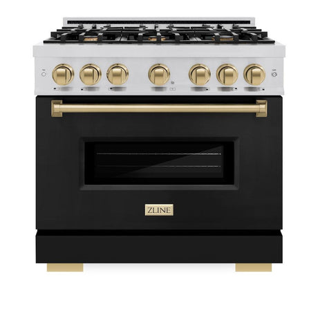 ZLINE Autograph Edition 36 in. 5.2 cu. ft. Classic Gas Range with 6 Burner Cooktop and Convection Gas Oven in Stainless Steel with Black Matte Door and Champagne Bronze Accents (CGRZ-BLM-36-CB)