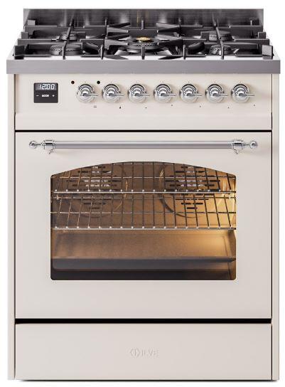 Nostalgie II 30 Inch Dual Fuel Natural Gas Freestanding Range in Antique White with Chrome Trim
