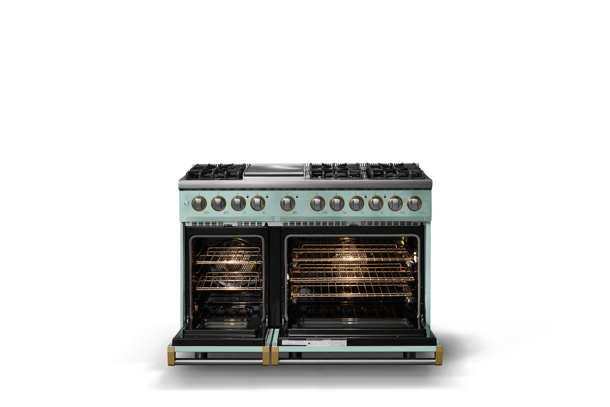 48"W. Dual Fuel Range (Burner: 6g, Finish: Splash, Trim: Brushed Brass, Fuel: Natural Gas)