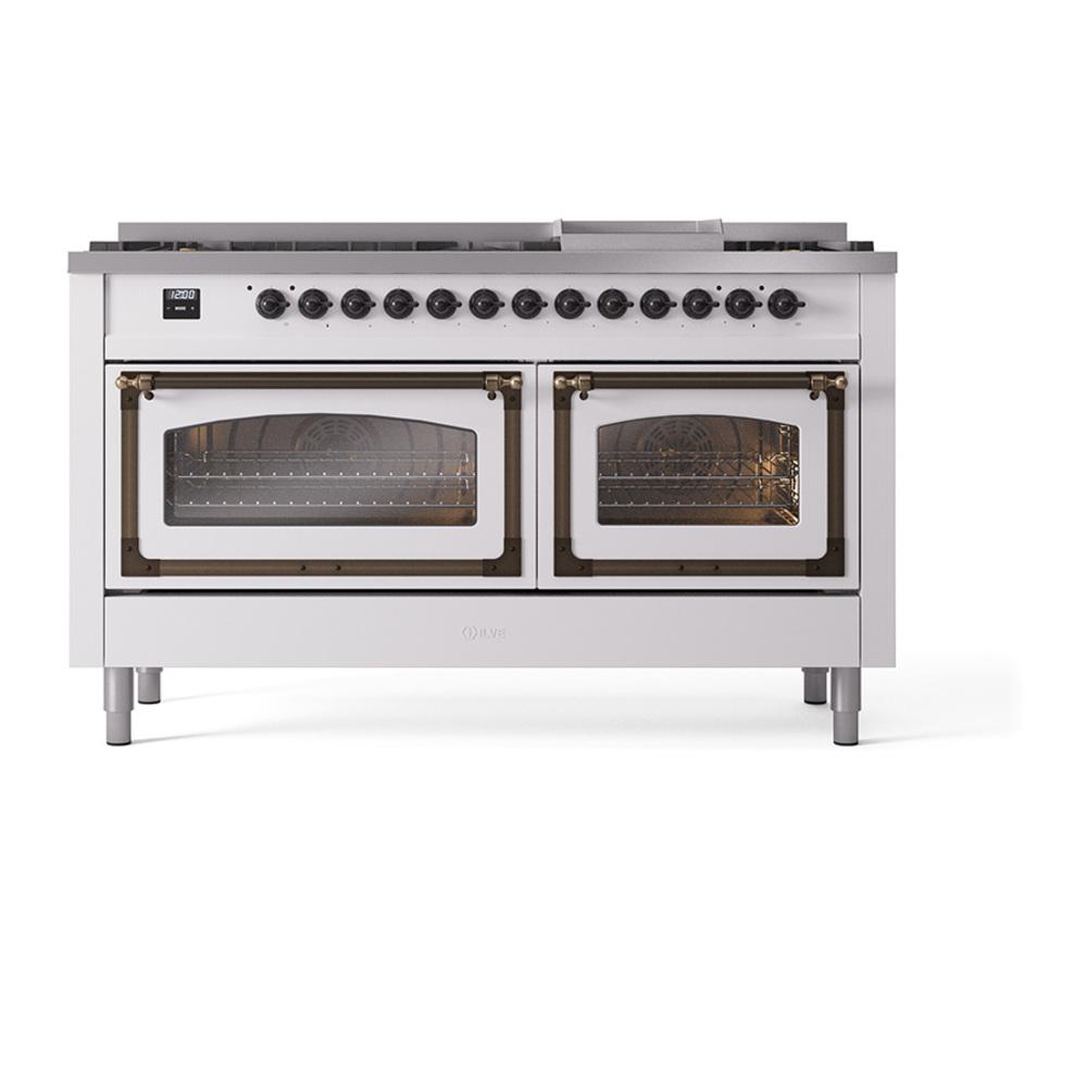 ILVE UN60FNMPWHB Nostalgie II Noblesse 60 inch Dual Fuel Range (9 Sealed Burners + Griddle, Natural Gas, Triple Glass Door, White, Burnished)