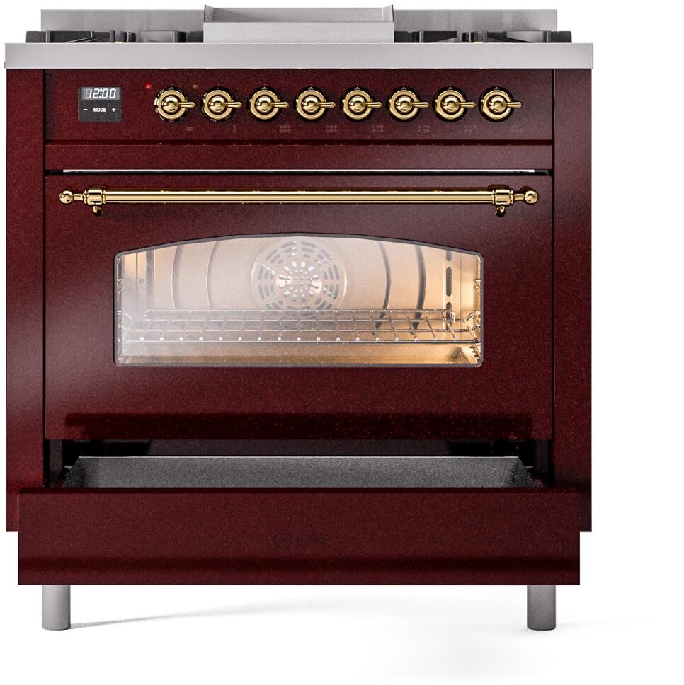Nostalgie II 36 Inch Dual Fuel Liquid Propane Freestanding Range in Burgundy with Brass Trim