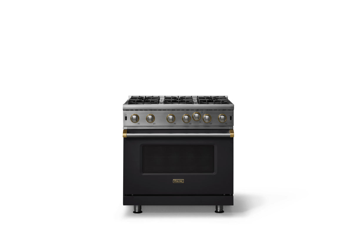 36"W. Open Burner Gas Range (Finish: Onyx, Trim: Brushed Brass, Fuel: Natural Gas)