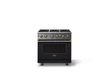 36"W. Open Burner Gas Range (Finish: Onyx, Trim: Brushed Brass, Fuel: Natural Gas)