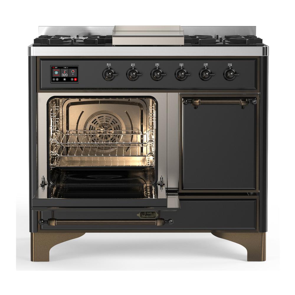 ILVE UMD40FQNR3MGB Majestic III 40 inch Dual Fuel Range with 6 Burners and Griddle, Dual Function Burner up to 25,000 BTU (Natural Gas, Solid Door, Graphite Matte, Burnished)