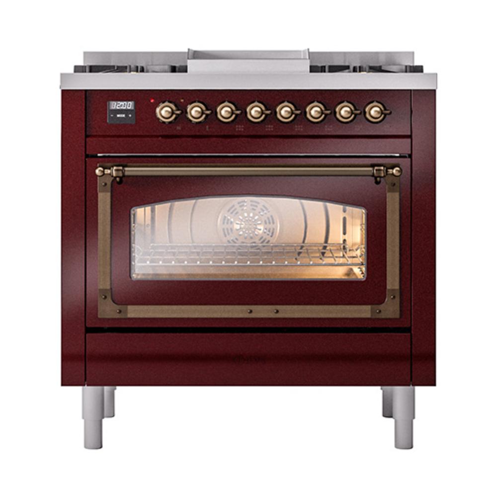 ILVE UN36FNMPBUBLP Nostalgie II Noblesse 36 inch Dual Fuel Range (Liquid Propane, Triple Glass Door, Burgundy, Burnished)