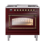 ILVE UN36FNMPBUBLP Nostalgie II Noblesse 36 inch Dual Fuel Range (Liquid Propane, Triple Glass Door, Burgundy, Burnished)