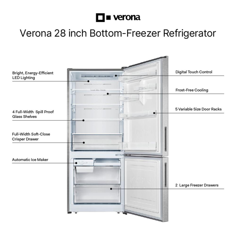 Verona VEFBF2814RSL 28 inch Bottom Freezer Refrigerator with 14.8 cu. ft. Total Capacity, Recessed Handle, Reversible Doors, Ice Maker, Energy Star