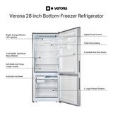 Verona VEFBF2814RSL 28 inch Bottom Freezer Refrigerator with 14.8 cu. ft. Total Capacity, Recessed Handle, Reversible Doors, Ice Maker, Energy Star