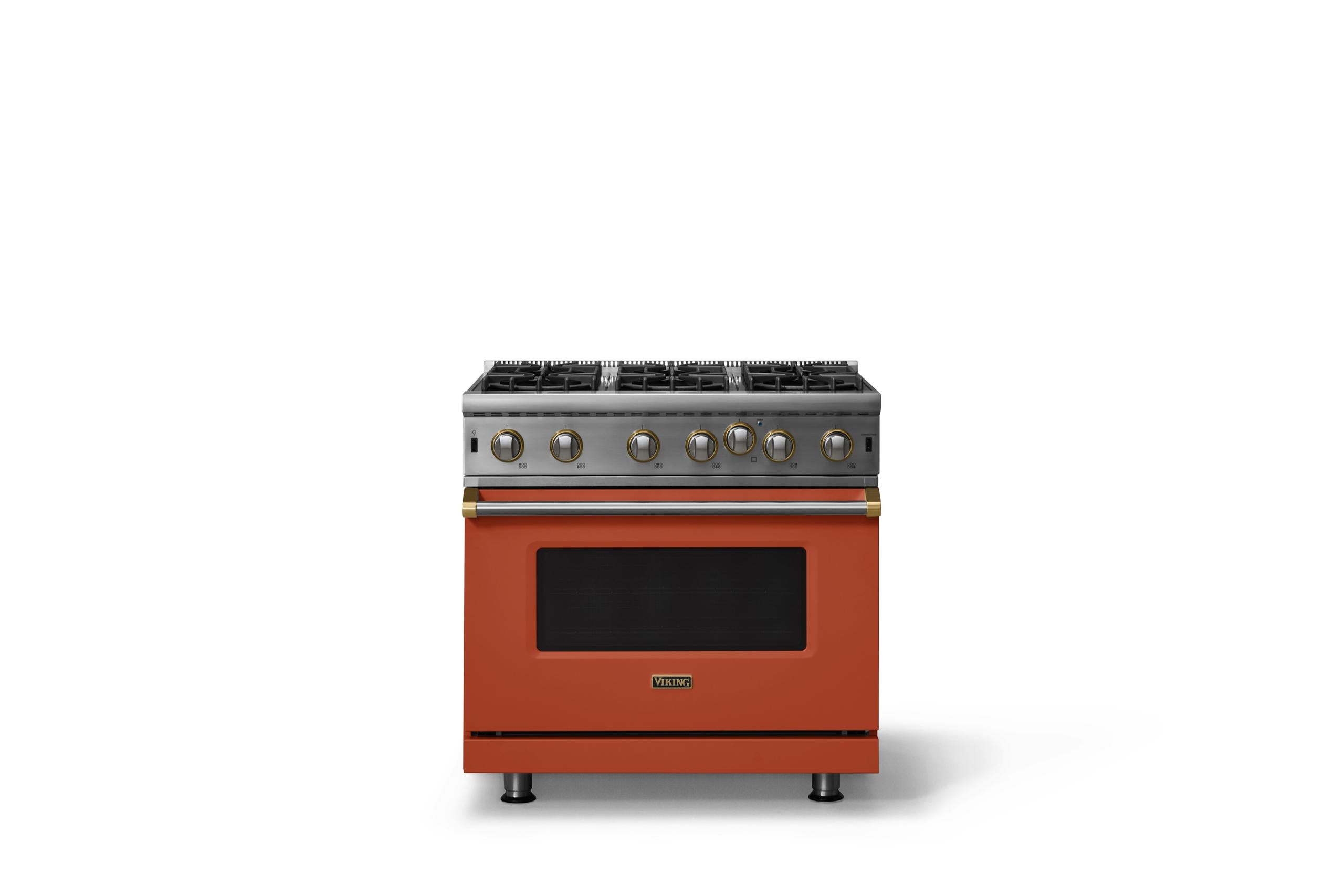 36"W. Open Burner Gas Range (Finish: Spiced Cider, Trim: Brushed Brass, Fuel: Propane)