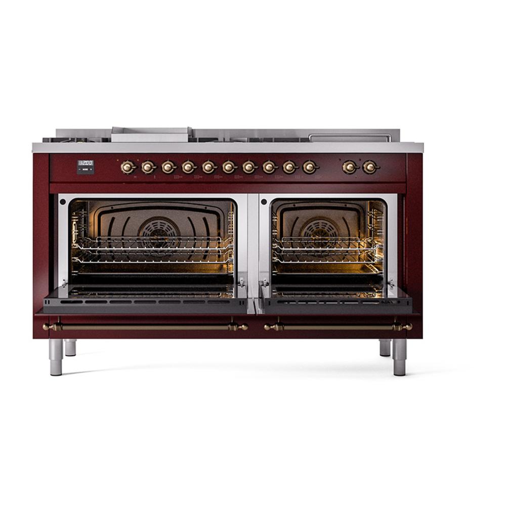 ILVE UN60FSNMPBUBLP Nostalgie II Noblesse 60 inch Dual Fuel Range (7 Sealed Burners + Griddle + French Top, Liquid Propane, Triple Glass Door, Burgundy, Burnished)