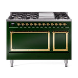 ILVE UN48FQNMPEGG Nostalgie II Noblesse 48 inch Dual Fuel Range (8 Sealed Burners + Griddle, Natural Gas, Solid Door, Emerald Green, Brass)