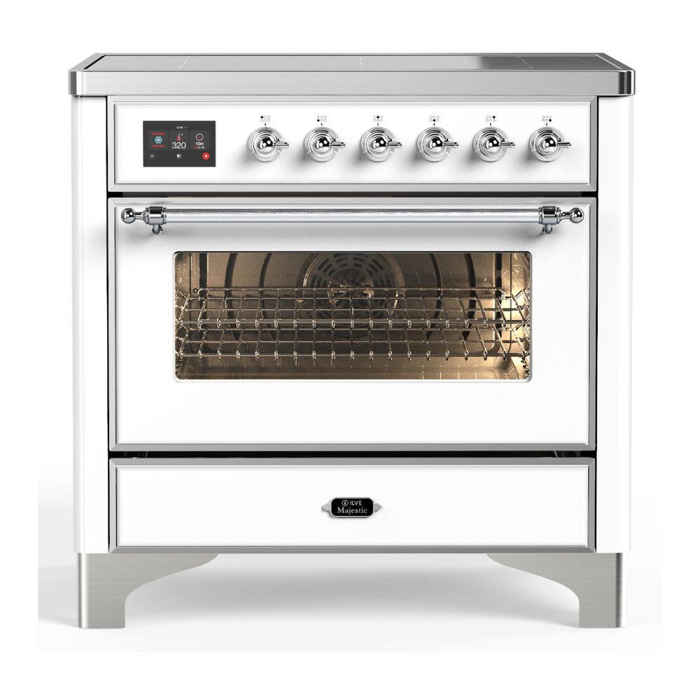 ILVE UMIB36NR3WHC Majestic III 36 inch Induction Range with 6 Elements, 3.5 cu. ft. Total Oven Capacity (Triple Glass Door, White, Chrome)