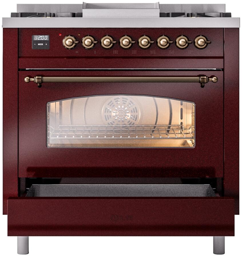 Nostalgie II 36 Inch Dual Fuel Natural Gas Freestanding Range in Burgundy with Bronze Trim