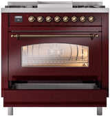 Nostalgie II 36 Inch Dual Fuel Natural Gas Freestanding Range in Burgundy with Bronze Trim