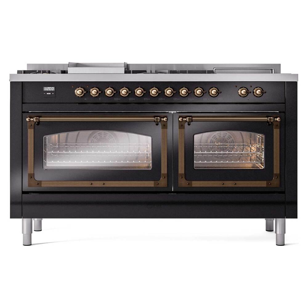 ILVE UN60FSNMPBKB Nostalgie II Noblesse 60 inch Dual Fuel Range (7 Sealed Burners + Griddle + French Top, Natural Gas, Triple Glass Door, Glossy Black, Burnished)
