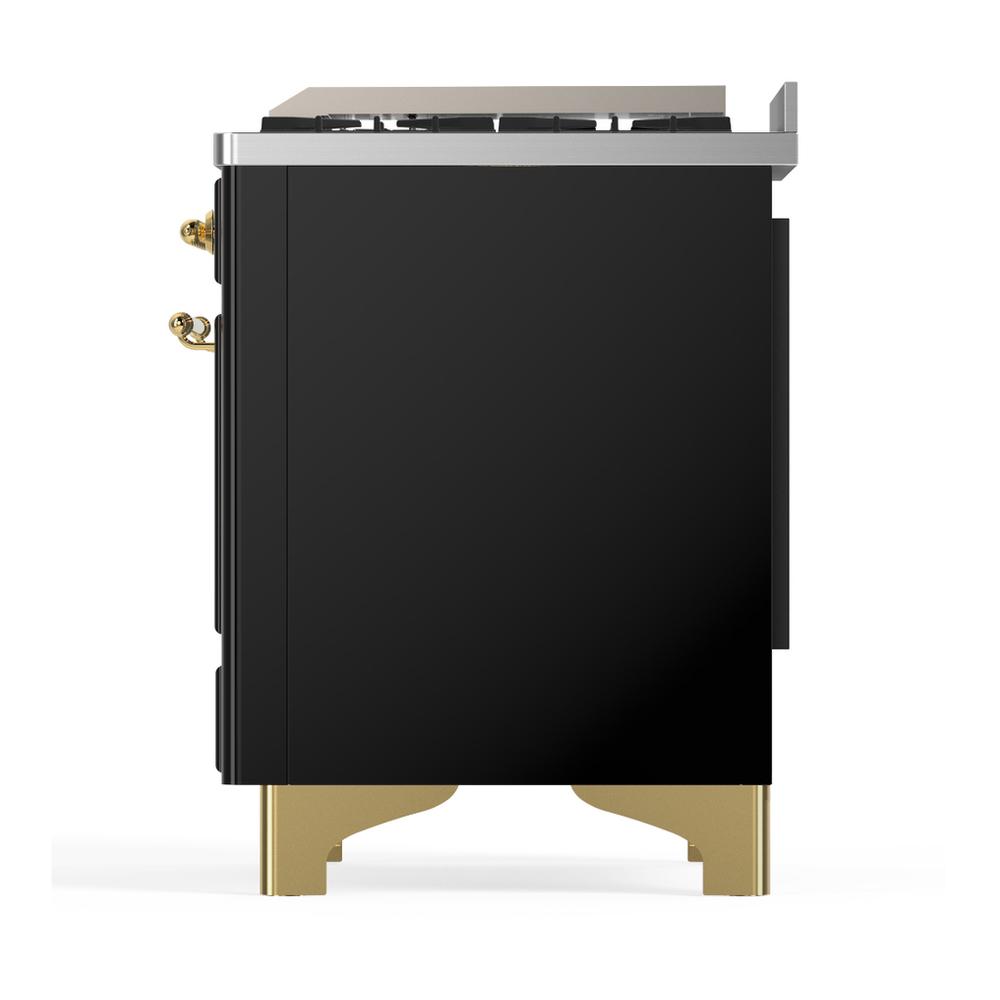 ILVE UM48FNR3BKG Majestic III 48 inch Dual Fuel Range with 8 Burners and Griddle, Dual Function Burner up to 25,000 BTU (Natural Gas, Triple Glass Door, Glossy Black, Brass)