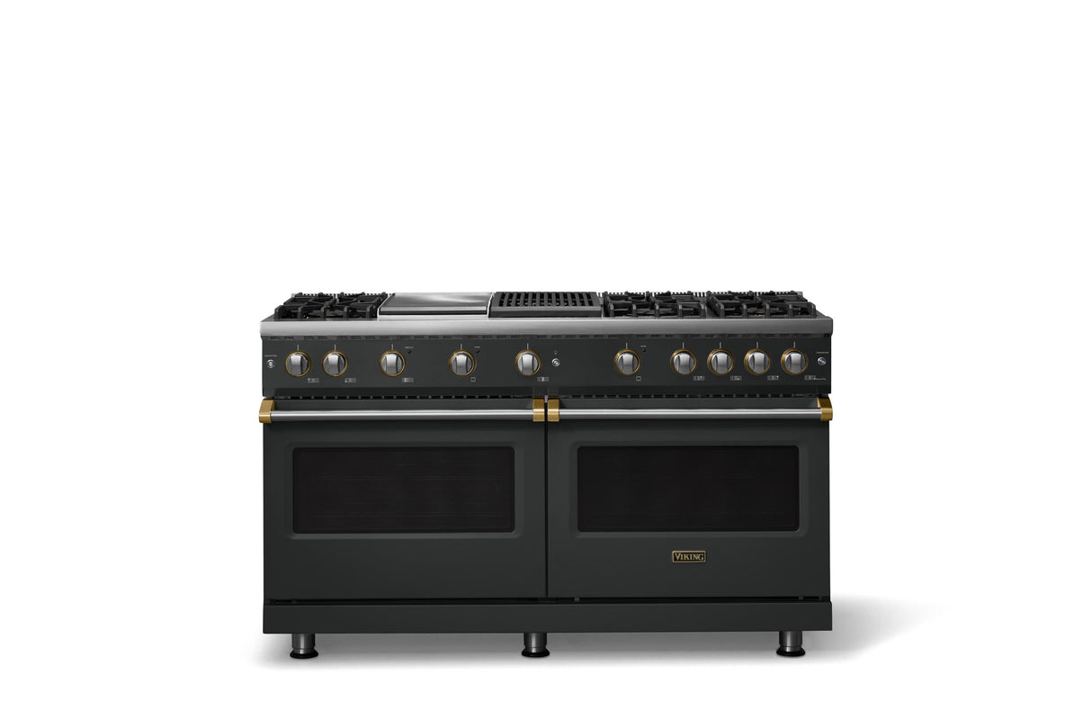60"W. Sealed Burner Gas Range (Finish: Antique Bronze, Trim: Brushed Brass, Fuel: Natural Gas)