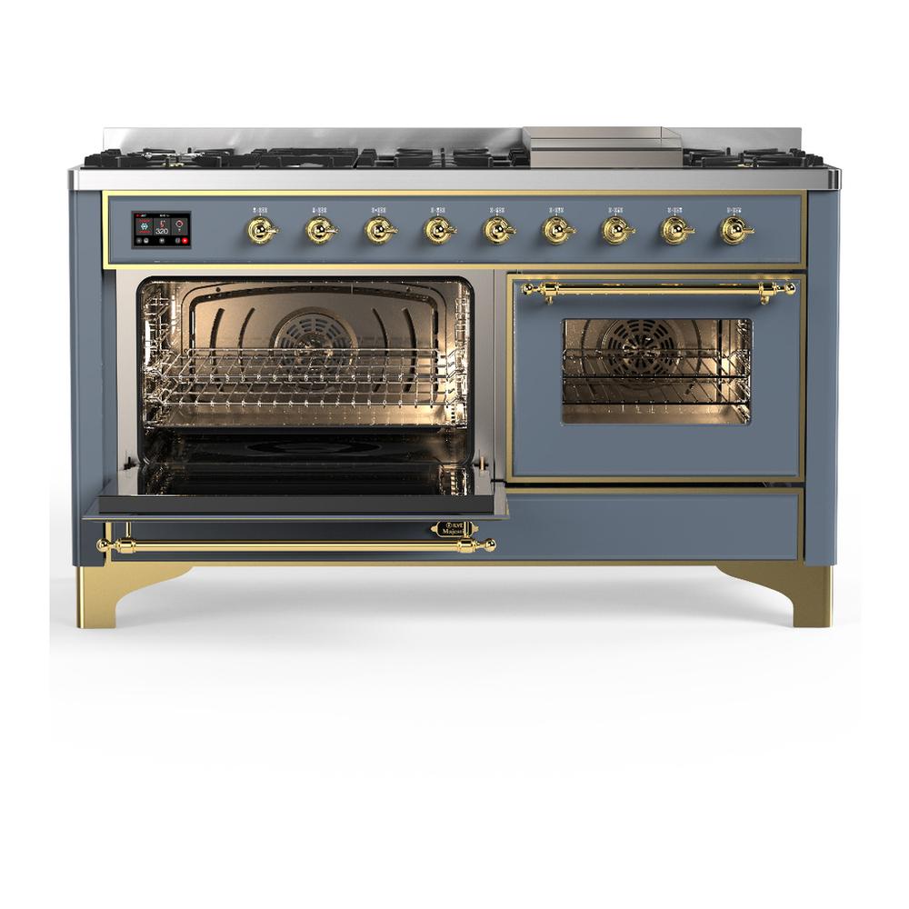 ILVE UM60FNR3BGG Majestic III 60 inch Dual Fuel Range with 9 Burners and Griddle, Dual Function Burner up to 25,000 BTU (Natural Gas, Triple Glass Door, Blue Grey, Brass)