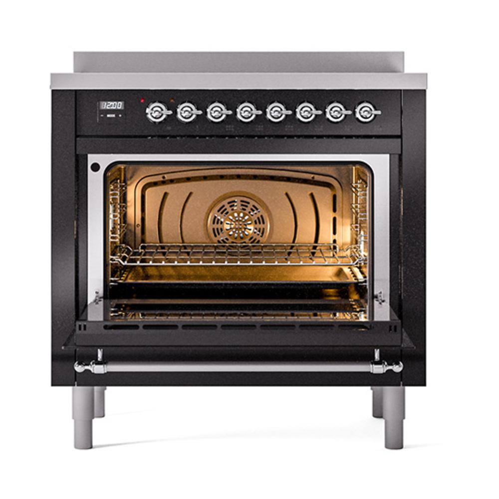 ILVE UNI366NMPBKC Nostalgie II Noblesse 36 inch Induction Range (Triple Glass Door, Glossy Black, Chrome)