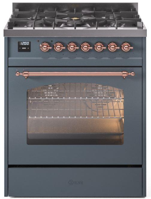 Nostalgie II 30 Inch Dual Fuel Liquid Propane Freestanding Range in Blue Grey with Copper Trim
