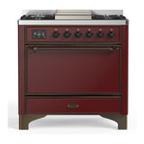 ILVE UM36FQNR3BUB Majestic III 36 inch Dual Fuel Range with 6 Black Brass Burners and Griddle, Dual Function Burner up to 25,000 BTU (Solid Door, Burgundy, Burnished, Natural Gas)