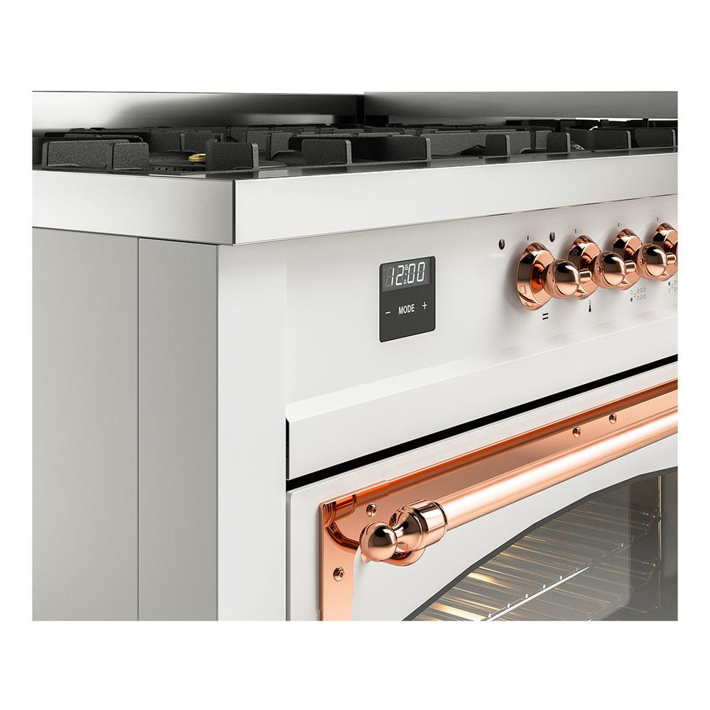 ILVE UN60FNMPWHPLP Nostalgie II Noblesse 60 inch Dual Fuel Range (9 Sealed Burners + Griddle, Liquid Propane, Triple Glass Door, White, Copper)