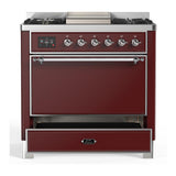 ILVE UM36FQNR3BUCLP Majestic III 36 inch Dual Fuel Range with 6 Black Brass Burners and Griddle, Dual Function Burner up to 25,000 BTU (Solid Door, Burgundy, Chrome, Liquid Propane)