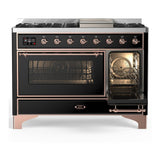 ILVE UM48FNR3BKP Majestic III 48 inch Dual Fuel Range with 8 Burners and Griddle, Dual Function Burner up to 25,000 BTU (Natural Gas, Triple Glass Door, Glossy Black, Copper)