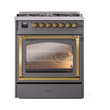 ILVE UN30NMPMGG Nostalgie II Noblesse 30 inch Dual Fuel Range (Natural Gas, Triple Glass Door, Graphite Matte, Brass)