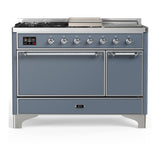 ILVE UM48FSQNR3BGCLP Majestic III 48 inch Dual Fuel Range with 5 Black Brass Burners, Griddle and French Top, Dual Function Burner up to 25,000 BTU (Liquid Propane, Solid Door, Blue Grey, Chrome)