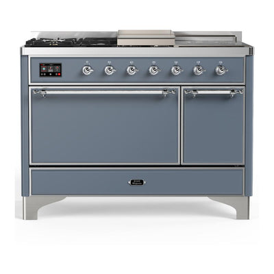 ILVE UM48FSQNR3BGCLP Majestic III 48 inch Dual Fuel Range with 5 Black Brass Burners, Griddle and French Top, Dual Function Burner up to 25,000 BTU (Liquid Propane, Solid Door, Blue Grey, Chrome)