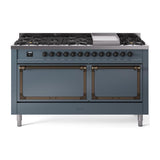 ILVE UN60FQNMPBGB Nostalgie II Noblesse 60 inch Dual Fuel Range (9 Sealed Burners + Griddle, Natural Gas, Solid Door, Blue Grey, Burnished)