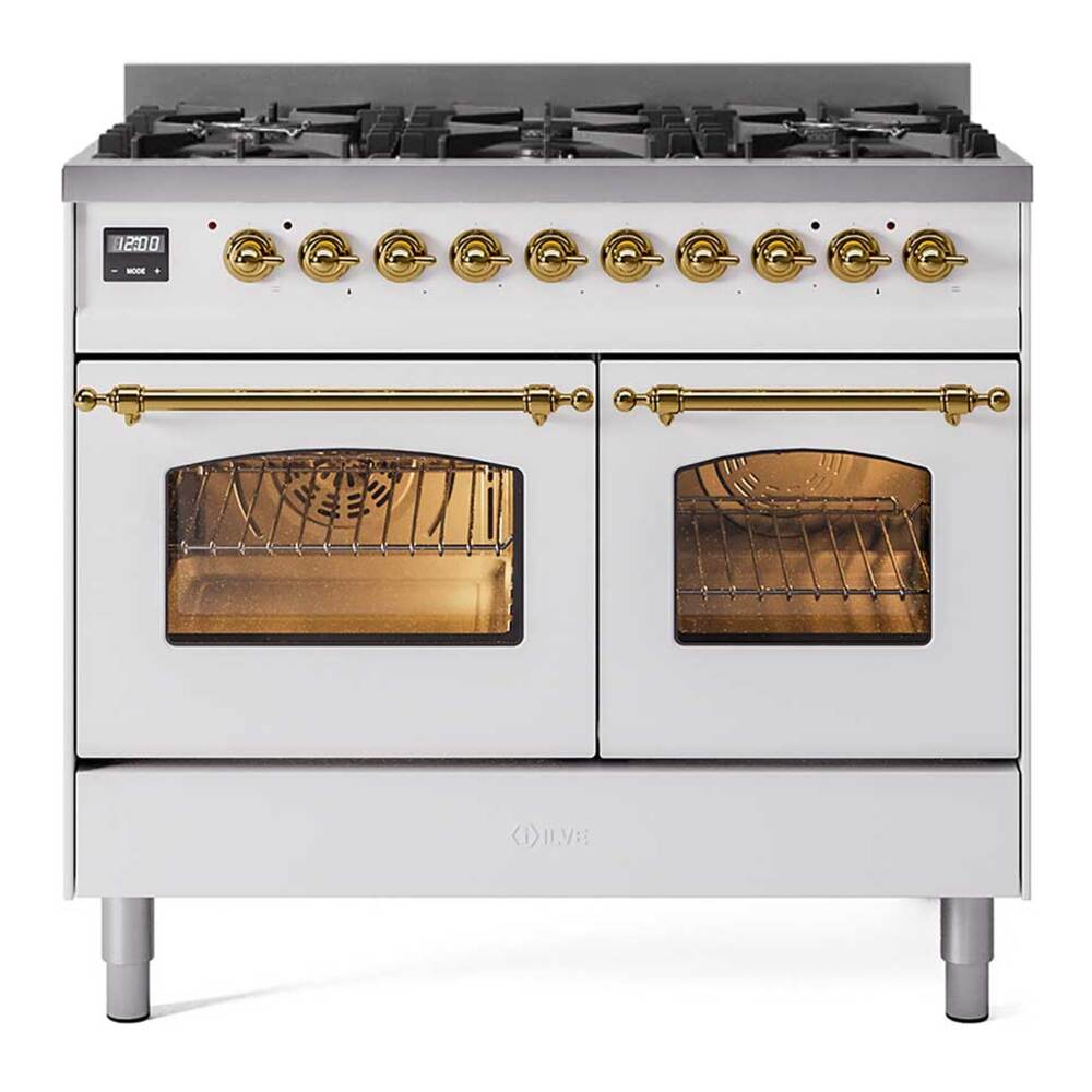 ILVE UPD406NMPWHG Nostalgie II 40 inch Dual Fuel Range with 6 Total Black Brass Burners, Brass Trim (Limited Edition) (Natural Gas, White)
