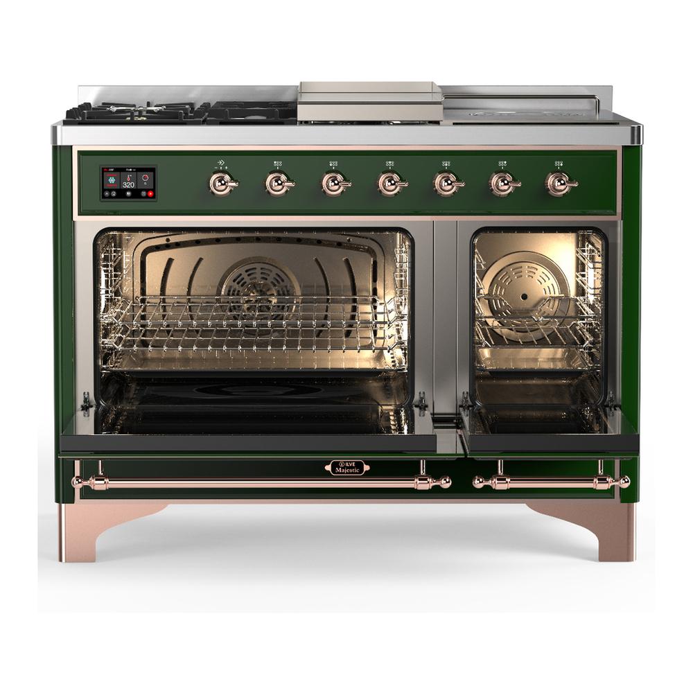 ILVE UM48FSNR3EGPLP Majestic III 48 inch Dual Fuel Range with 5 Black Brass Burners, Griddle and French Top, Dual Function Burner up to 25,000 BTU (Liquid Propane, Triple Glass Door, Emerald Green, Copper)