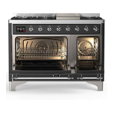 ILVE UM48FQNR3MGCLP Majestic III 48 inch Dual Fuel Range with 8 Burners and Griddle, Dual Function Burner up to 25,000 BTU (Liquid Propane, Solid Door, Graphite Matte, Chrome)