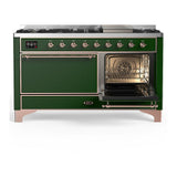 ILVE UM60FQNR3EGP Majestic III 60 inch Dual Fuel Range with 9 Burners and Griddle, Dual Function Burner up to 25,000 BTU (Natural Gas, Solid Door, Emerald Green, Copper)