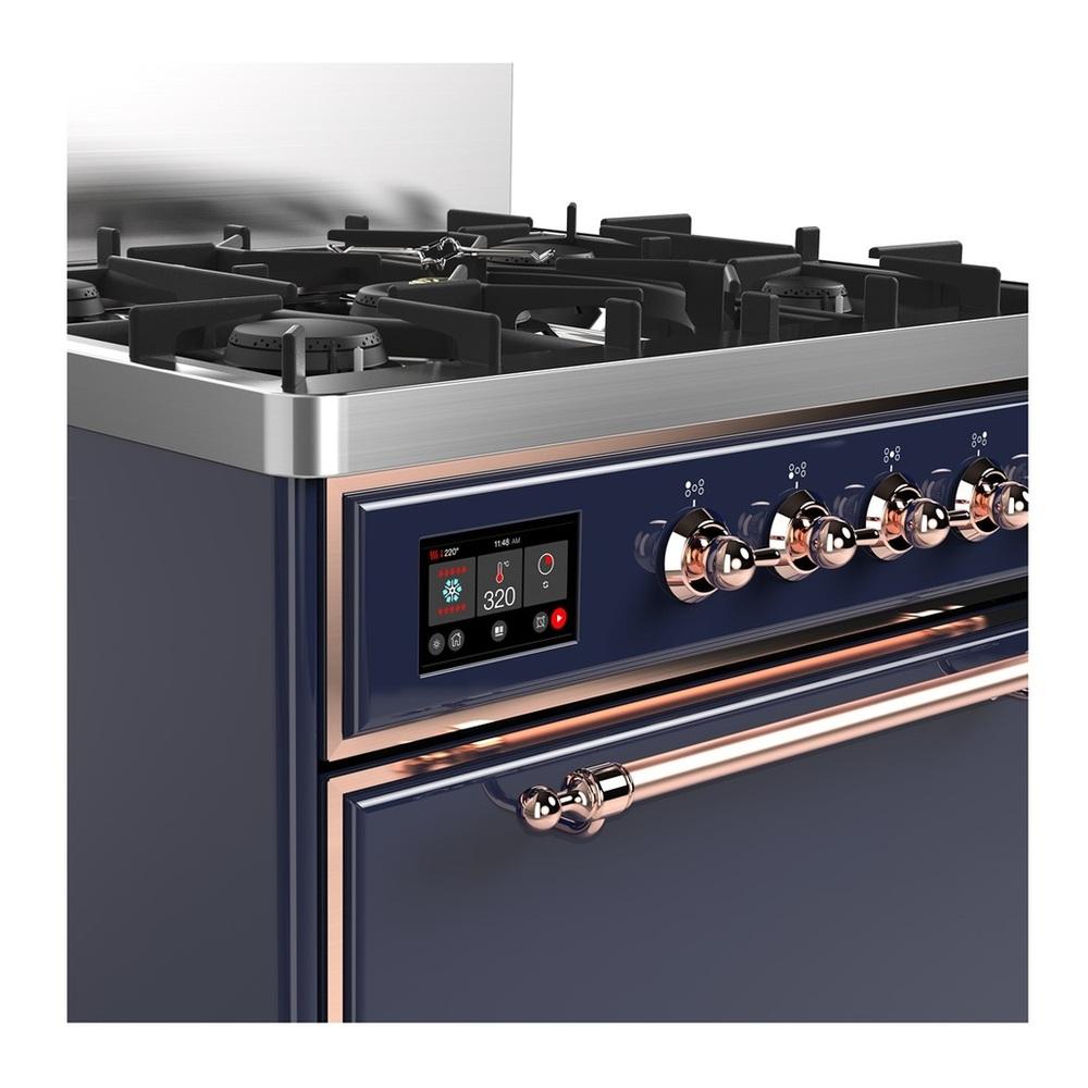ILVE UM30QNR3MBPLP Majestic III 30 inch Dual Fuel Range with 5 Black Brass Burners, Dual Function Burner up to 25,000 BTU (Liquid Propane, Solid Door, Midnight Blue, Copper)