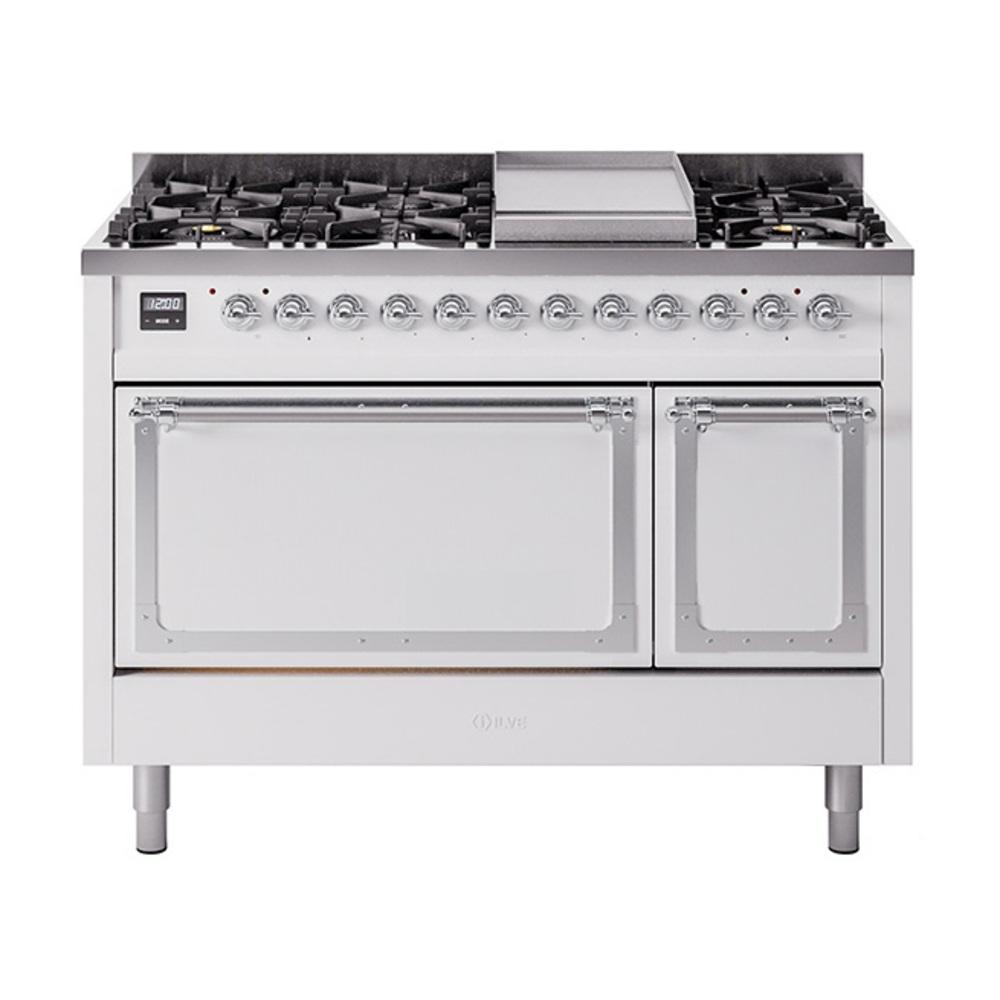 ILVE UN48FQNMPWHCLP Nostalgie II Noblesse 48 inch Dual Fuel Range (8 Sealed Burners + Griddle, Liquid Propane, Solid Door, White, Chrome)