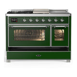 ILVE UM48FSNR3EGCLP Majestic III 48 inch Dual Fuel Range with 5 Black Brass Burners, Griddle and French Top, Dual Function Burner up to 25,000 BTU (Liquid Propane, Triple Glass Door, Emerald Green, Chrome)