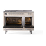 ILVE UN48FSQNMPAWCLP Nostalgie II Noblesse 48 inch Dual Fuel Range (5 Sealed Burners + Griddle + French Top, Liquid Propane, Solid Door, Antique White, Chrome)
