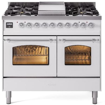 Nostalgie II 40 Inch Dual Fuel Natural Gas Freestanding Range in White with Chrome Trim