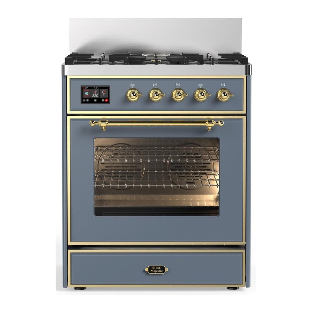 ILVE UM30NR3BGGLP Majestic III 30 inch Dual Fuel Range with 5 Black Brass Burners, Dual Function Burner up to 25,000 BTU (Liquid Propane, Triple Glass Door, Blue Grey, Brass)