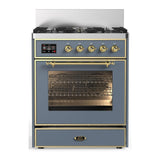 ILVE UM30NR3BGGLP Majestic III 30 inch Dual Fuel Range with 5 Black Brass Burners, Dual Function Burner up to 25,000 BTU (Liquid Propane, Triple Glass Door, Blue Grey, Brass)