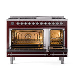 ILVE UN48FQNMPBUC Nostalgie II Noblesse 48 inch Dual Fuel Range (8 Sealed Burners + Griddle, Natural Gas, Solid Door, Burgundy, Chrome)