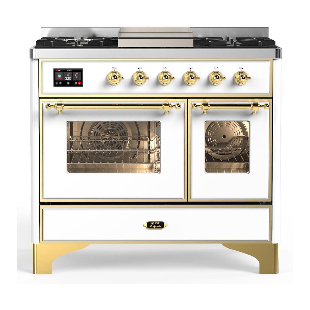 ILVE UMD40FNR3WHG Majestic III 40 inch Dual Fuel Range with 6 Burners and Griddle, Dual Function Burner up to 25,000 BTU (Natural Gas, Triple Glass Door, White, Brass)
