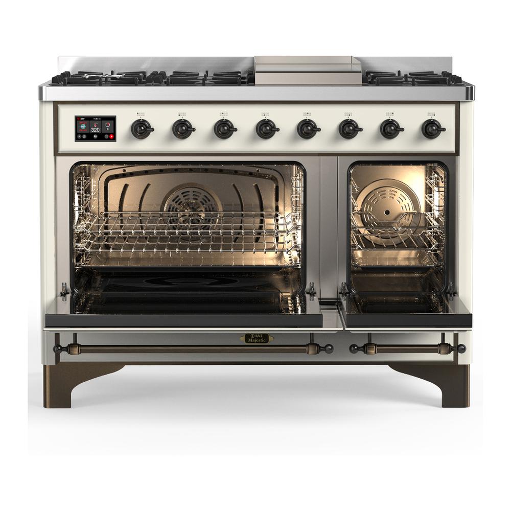 ILVE UM48FNR3AWB Majestic III 48 inch Dual Fuel Range with 8 Burners and Griddle, Dual Function Burner up to 25,000 BTU (Natural Gas, Triple Glass Door, Antique White, Burnished)
