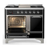 ILVE UMD40FQNR3BKCLP Majestic III 40 inch Dual Fuel Range with 6 Burners and Griddle, Dual Function Burner up to 25,000 BTU (Liquid Propane, Solid Door, Glossy Black, Chrome)