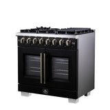Forno Capriasca 36 Inch Freestanding French Door Dual Fuel Range in Black with Antique Brass Accessories, 6 Burners, True Convection Oven